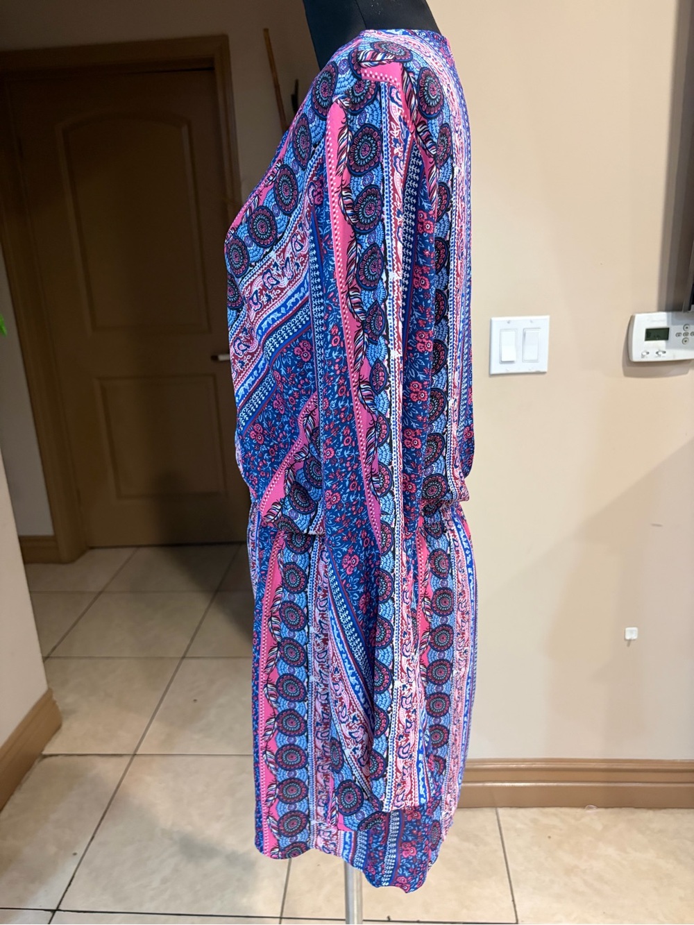 CeCe Pink & Blue Mixed-Print Wrap Long Sleeve jumpsuit. - Picture 4 of 6